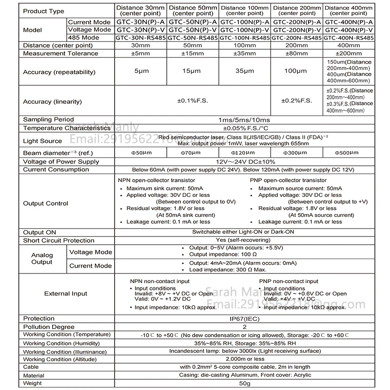 Distance 100mm Analog ±35mm Positive and negative judgment of electronic component housing Displacement sensor