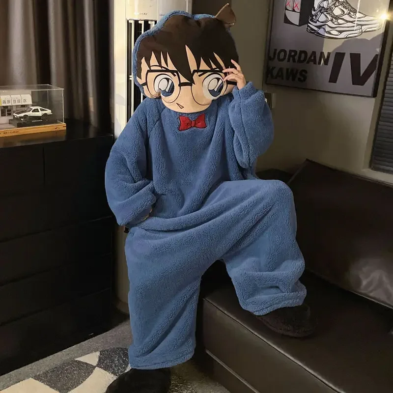 Cartoon anime Crayon Shin Chan Detective Conan jumpsuit pajamas winter coral fleece nightgown couple funny plush home clothes