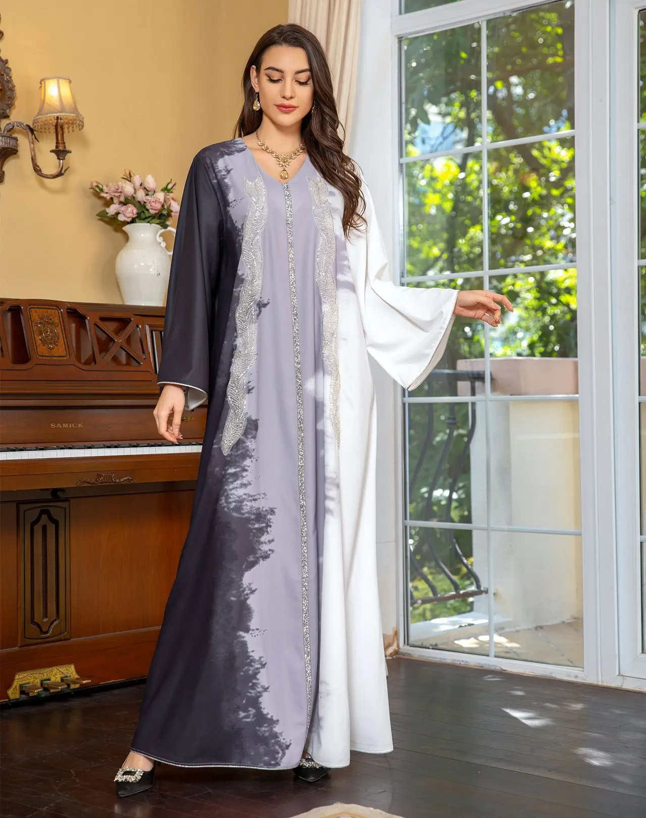 2025 Naher Osten Kleidung Perlenstickerei Muslimisches Kleid Dubai Saudi Tie Dye Hot Diamond Robe Elegante Abendkleider