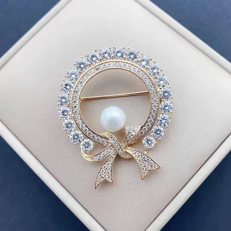 Female Round White Crystal Pearl Bowknot Brooches For Women Fashion Creative Luxury Gold Color Alloy Brooch Safety Pins