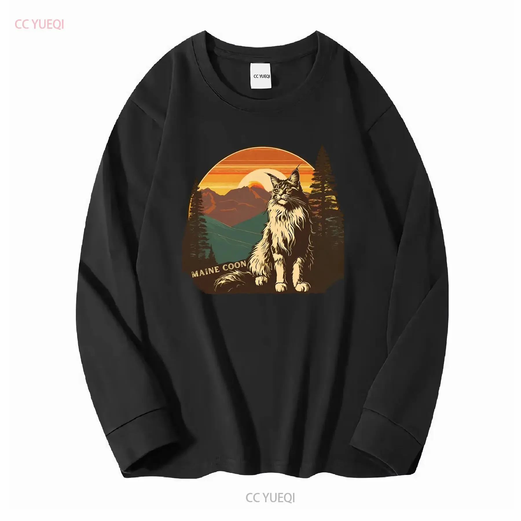 Retro Maine Coon Cat Sunset Mountains T Shirt Vintage Style Fluffy 100 Cotton for Mom or Dad long short sleeves vintage Washed