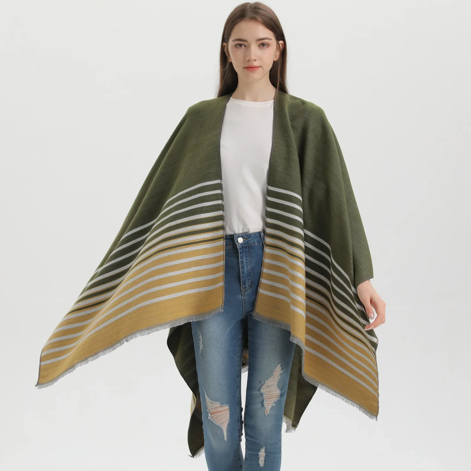 Capa Poncho para mujer, capa a la moda de imitación de Cachemira para otoño e invierno, chal para habitación con aire acondicionado estampado de doble cara