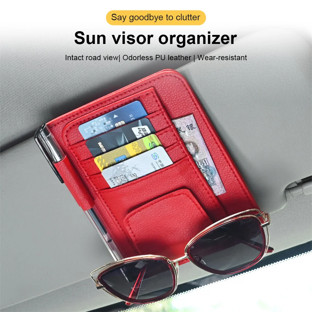 

Car Sun Visor Organizer Leather Sunglasses Holder Multi-functional Card Holder Storage Pocket Car Glasses Clip Auto Accessories