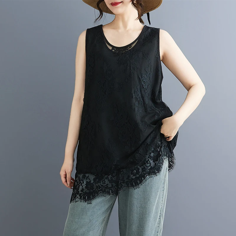 Damska kamizelka na ramiączkach z koronką, średniej długości, jednolita, w stylu koreańskim, letnia, nowa moda, duży rozmiar, prosty krój, poliester, bawełna...