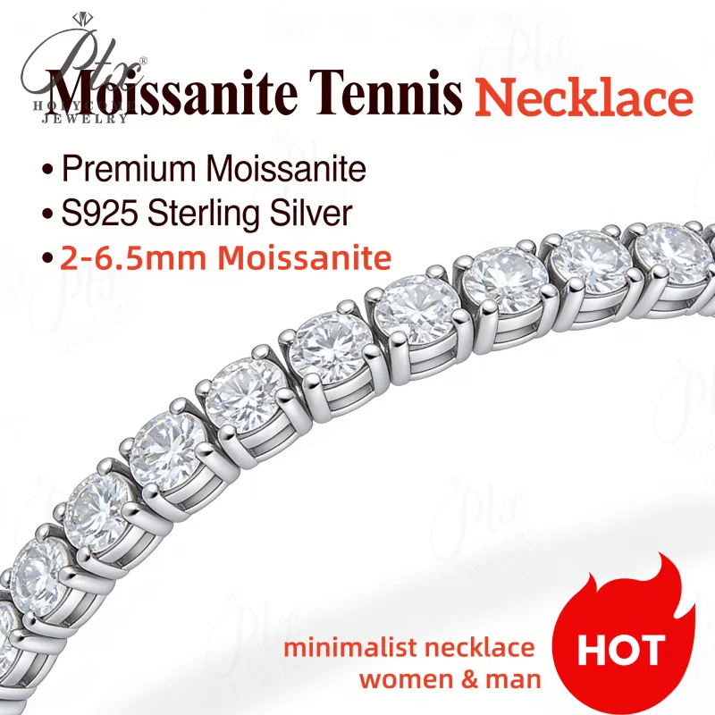 

Moissanite Tennis Necklace 925 Sterling Silver D VVS1 Round Cut 2-6.5mm Versatile Hip Hop Jewelry 16-24inch for Men or Women