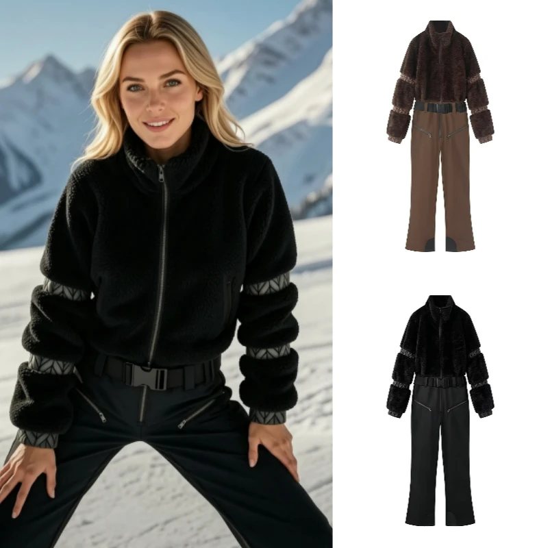 Women's One-Piece Snowsuit 2026 Winter Thickened Faux Fur Stand Collar Zipper Outdoor High-Waist Ski Elegant Vacation Casual