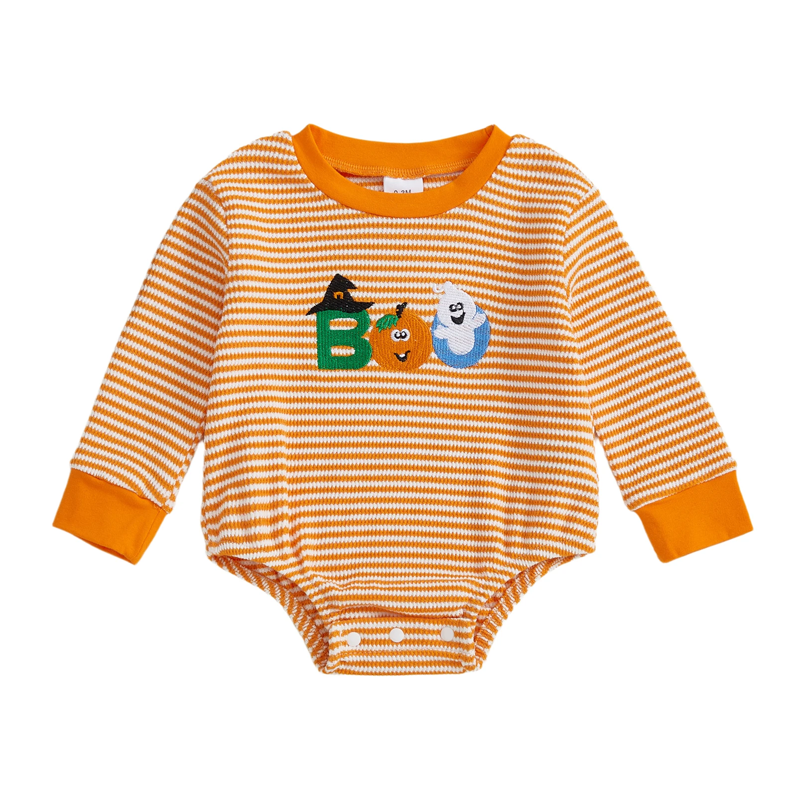 

Baby Boy Girl Halloween Romper Striped Letter Pumpkin Ghost Long Sleeve Sweatshirt Jumpsuit Cute Fall Clothes