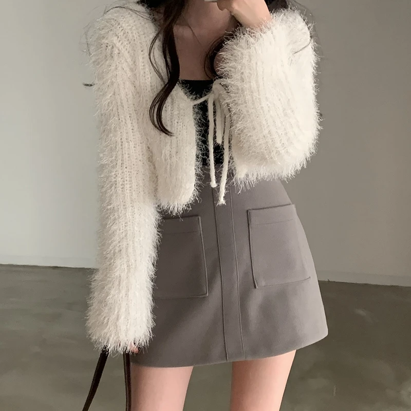 

Корейский свободный плюшевый вязаный кардиган больших размеров, женский свитер, осенний универсальный повседневный короткий трикотаж, куртка, верхняя женская одежда