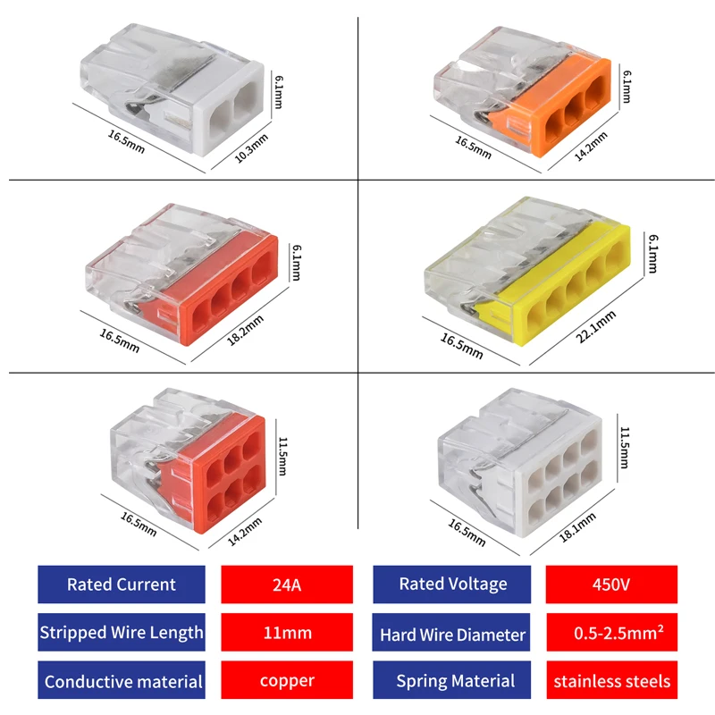 JINH 454 Pcs CMK 20 Mini Quick Wire Connectors 2/3/4/5/6/8 Ports Nuts Assortment Pack Hard Stainless Easy Electric Quick Push-In