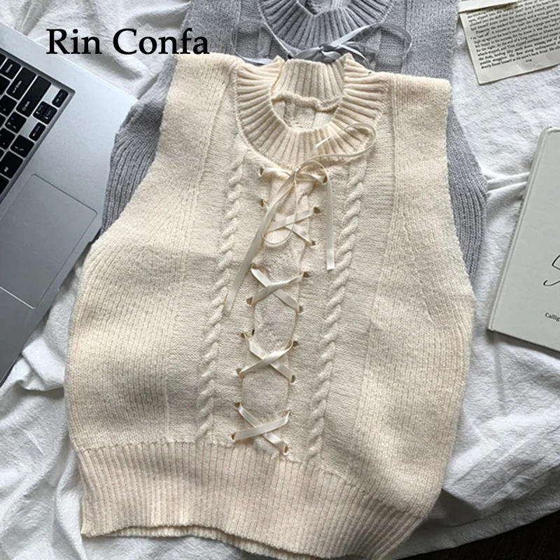 Rin Confa Summer Women Solid Color Bandage Design Knit Crop Tops Design Sleeveless Cozy Soft Sweater Vest Slim Vintage Chic Top