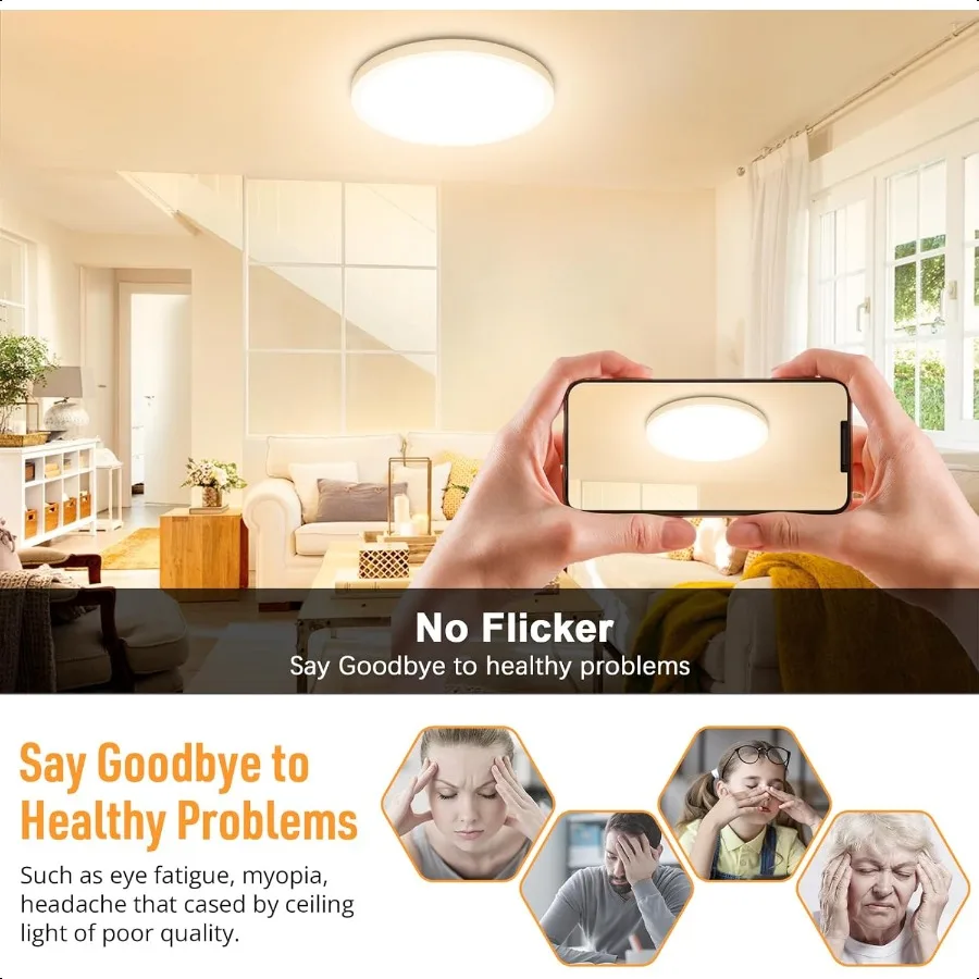 LED فلوش جبل السقف تركيب المصابيح 3000K الأبيض الدافئ 2400LM 12 بوصة 24W أضواء السقف المسطحة المستديرة 240W Equiv. مصباح لوحة غير