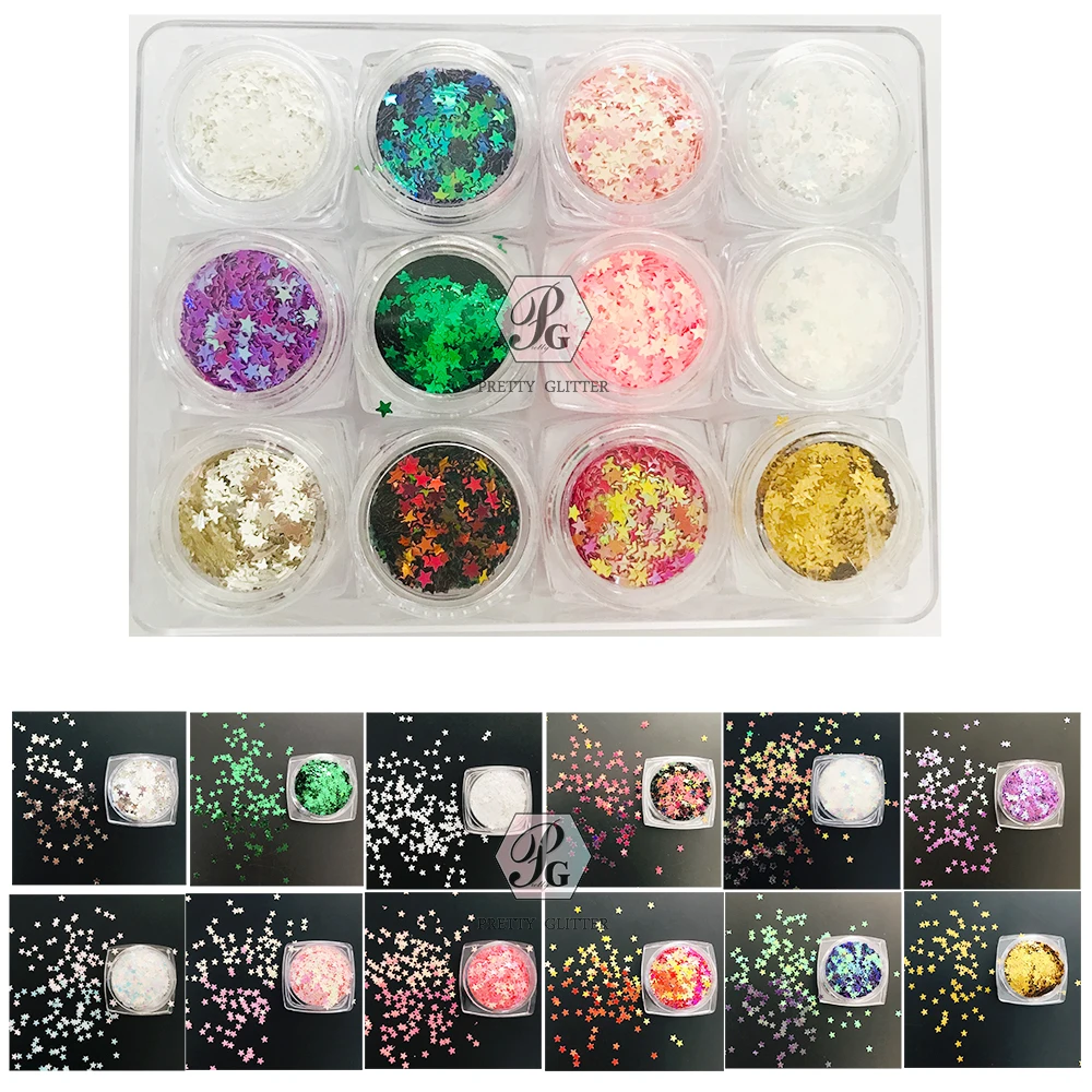 PrettyG 1 Set 12Color Box 3mm Mixes Colors Star Sequin Glitter Shape  Aurora Opal Nail Glitter For Resin DIY Nail Art Decoration