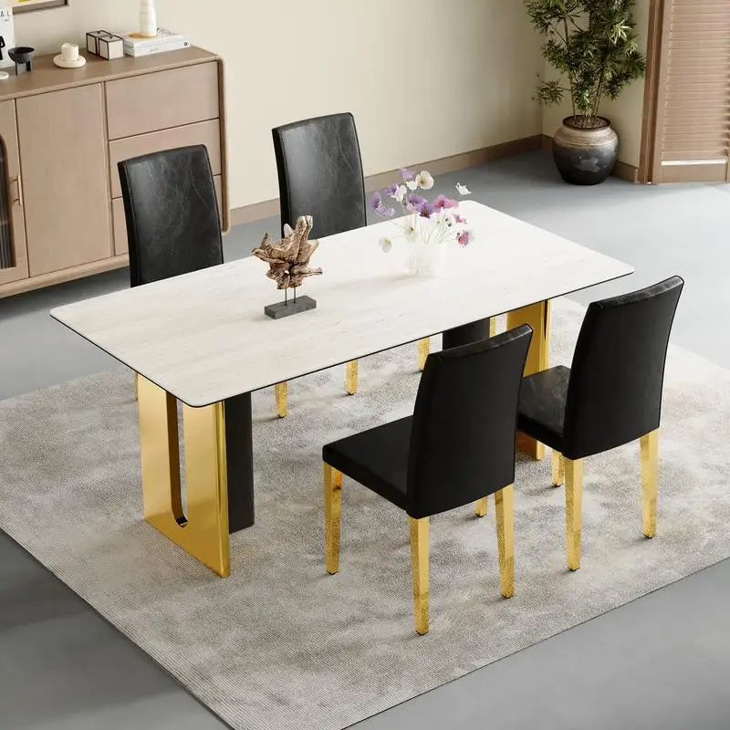 Juego de 4 sillas de piel sintética negra con patas de metal dorado, ideales para decoración minimalista moderna, dimensiones 16,2 x 18,5 x 34,6 pulgadas