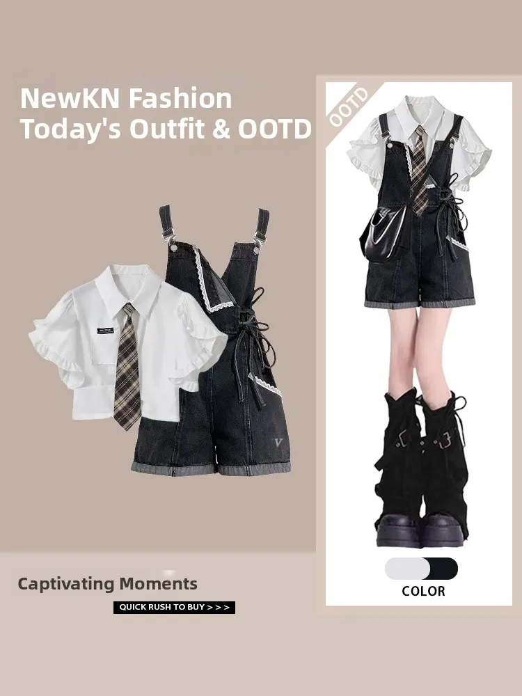 

Sweet Cool Spicy ort Girl School Sle Outfit Set Women's Fce Sve Top with Denim Overalls Two Piece Set Faionable