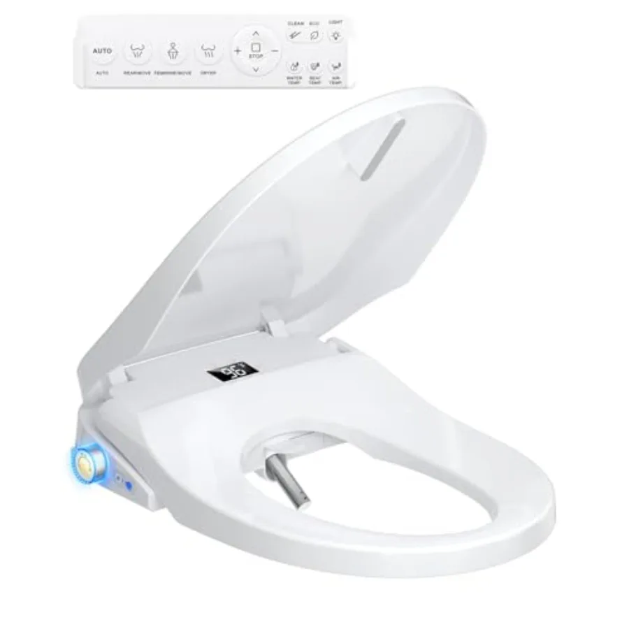 Asiento de inodoro eléctrico alargado con calefacción instantánea, control remoto lateral, boquilla autolimpiante, tapa de cierre suave y luz nocturna.