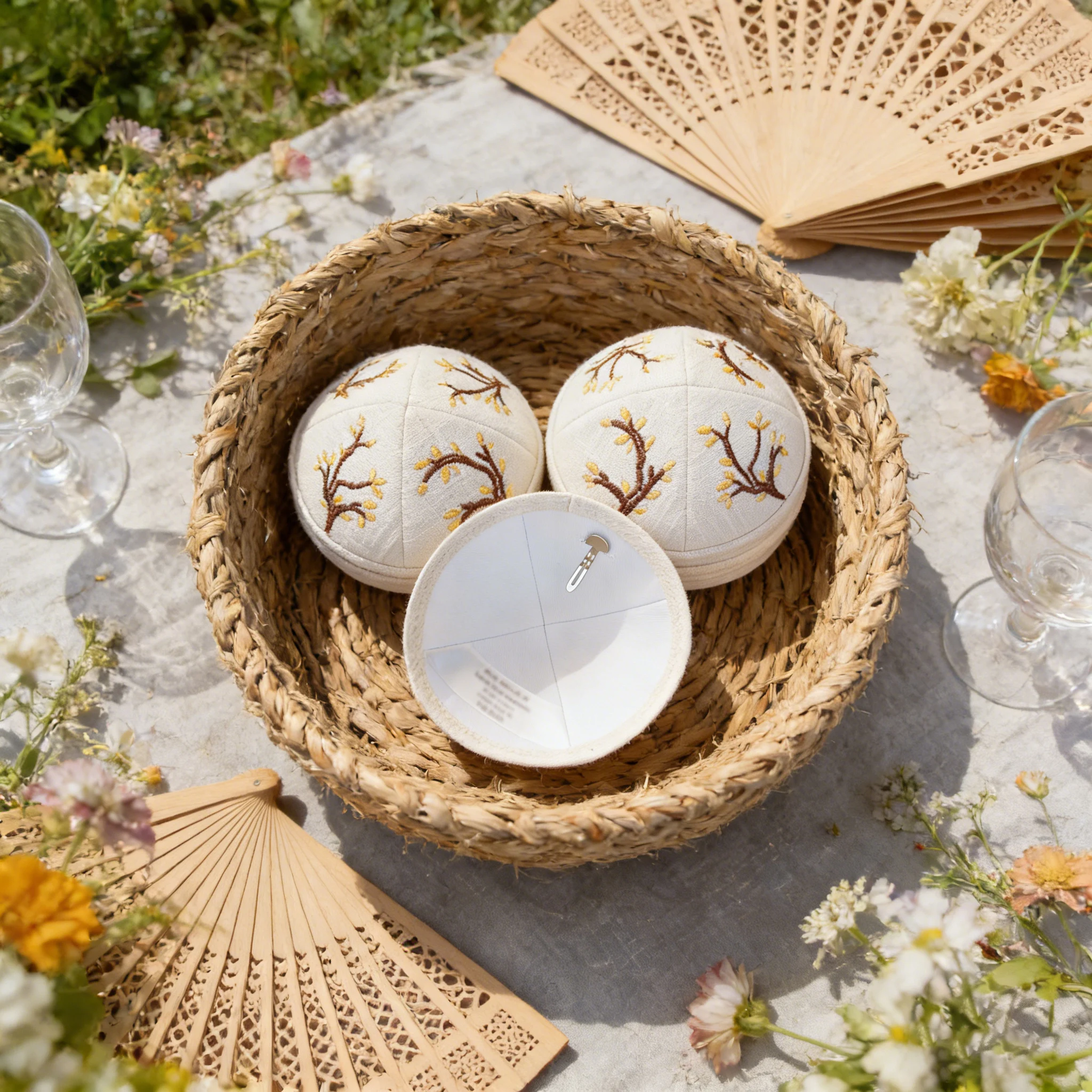 Ivory White Linen Kippah with Custom Embroidery and Digital Printing, Suitable for Jewish Coming-of-Age Ceremonies and Weddings.