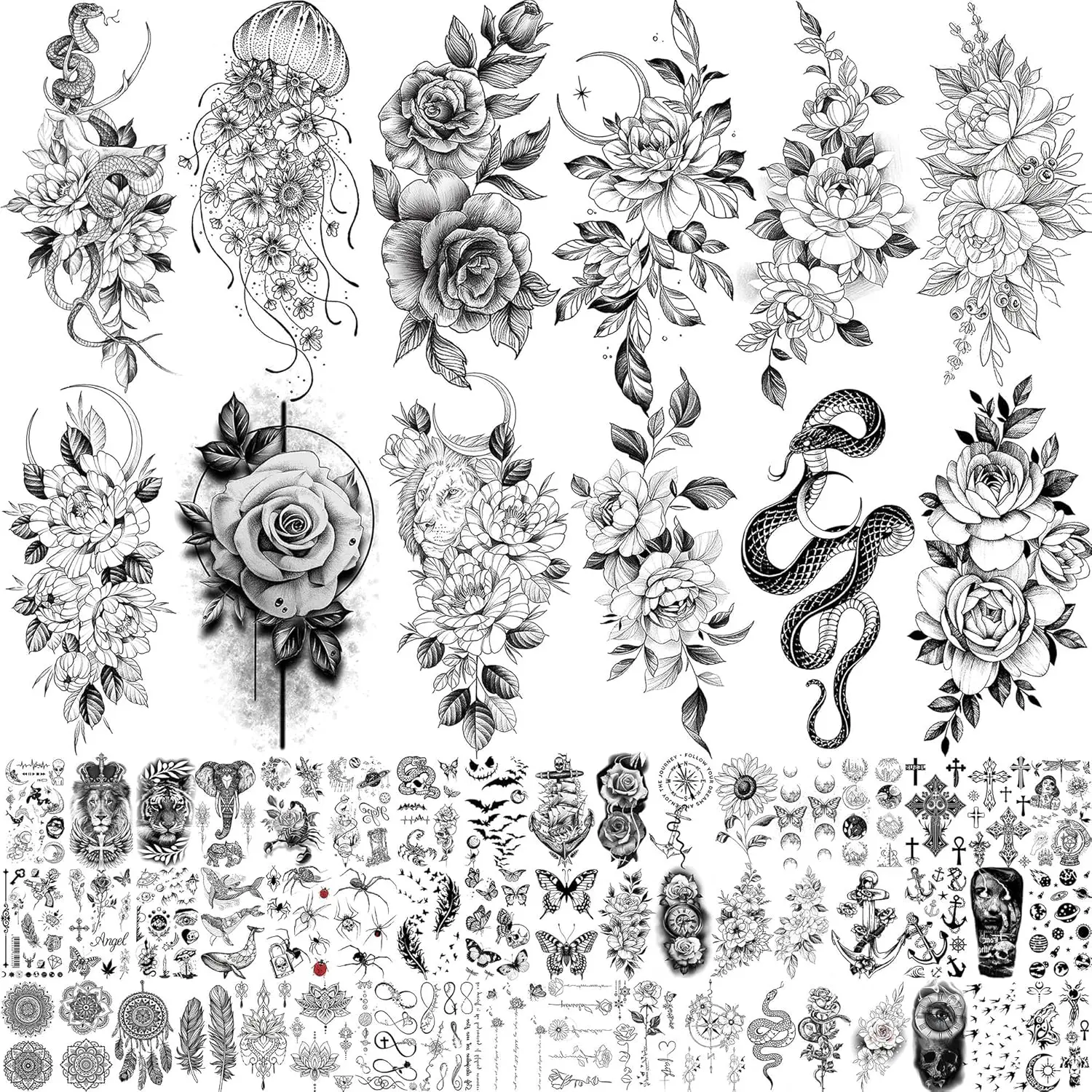 

64 Sheets Long Lasting Flower Temporary Tattoos for Women Arm Neck, 3D Realistic Snake Serpent Peony Rose, Kids Adults
