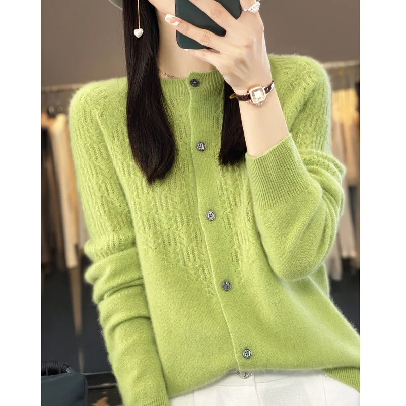 New High Quality 100% Pure Merino Wool Women’s Cardigan Hollow Cashmere Sweater Female Clothing Grace Top Bottoming Shirt