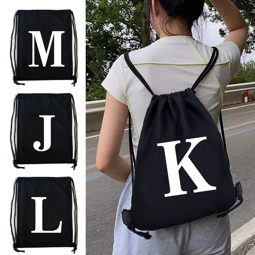 Modern Sport Drawstring Bag White Letter Print Canvas Backpack Gym Shopping Storage Daily Carry Sackpack