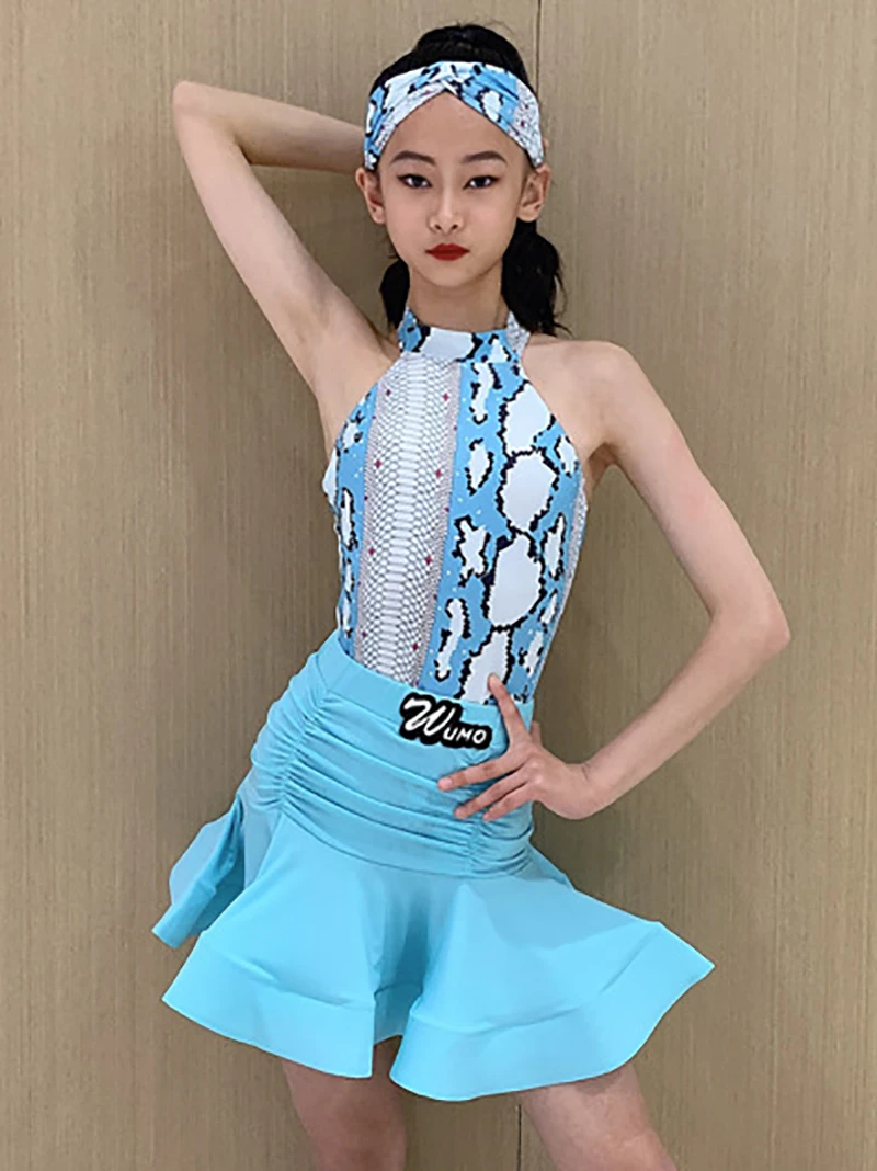 Latin Dance Meisjes Performance Kostuum Print Halter Rugloze Top En Grote Rok Zoom Rokken Kinderen Latin Kleding Wedstrijd Danseres