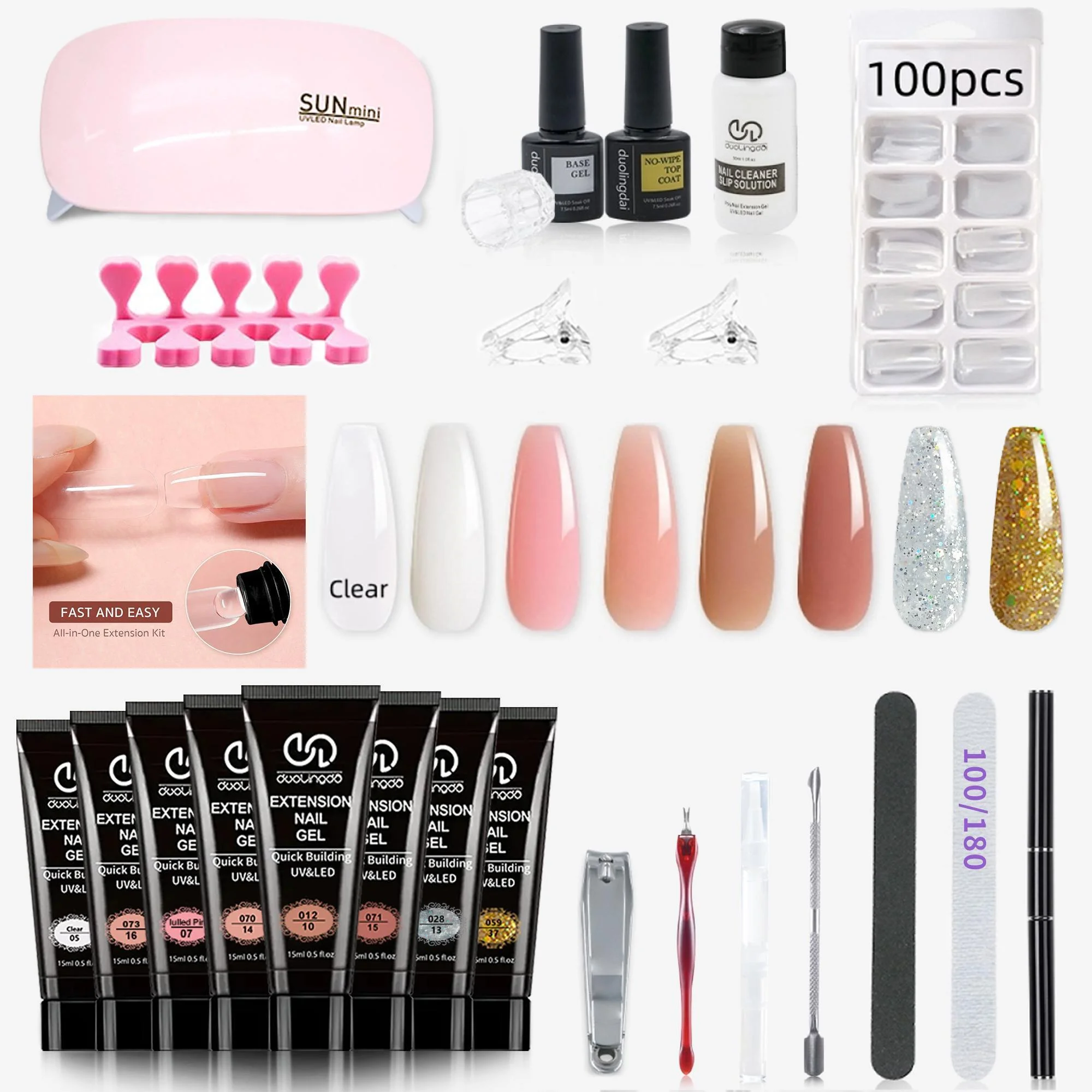 Kit de extensión de uñas de gel de polímero de 24 piezas: 8 colores vibrantes, gel de fibra dura LED/UV de construcción rápida, incluye lámpara de uñas, base y abrigos superiores