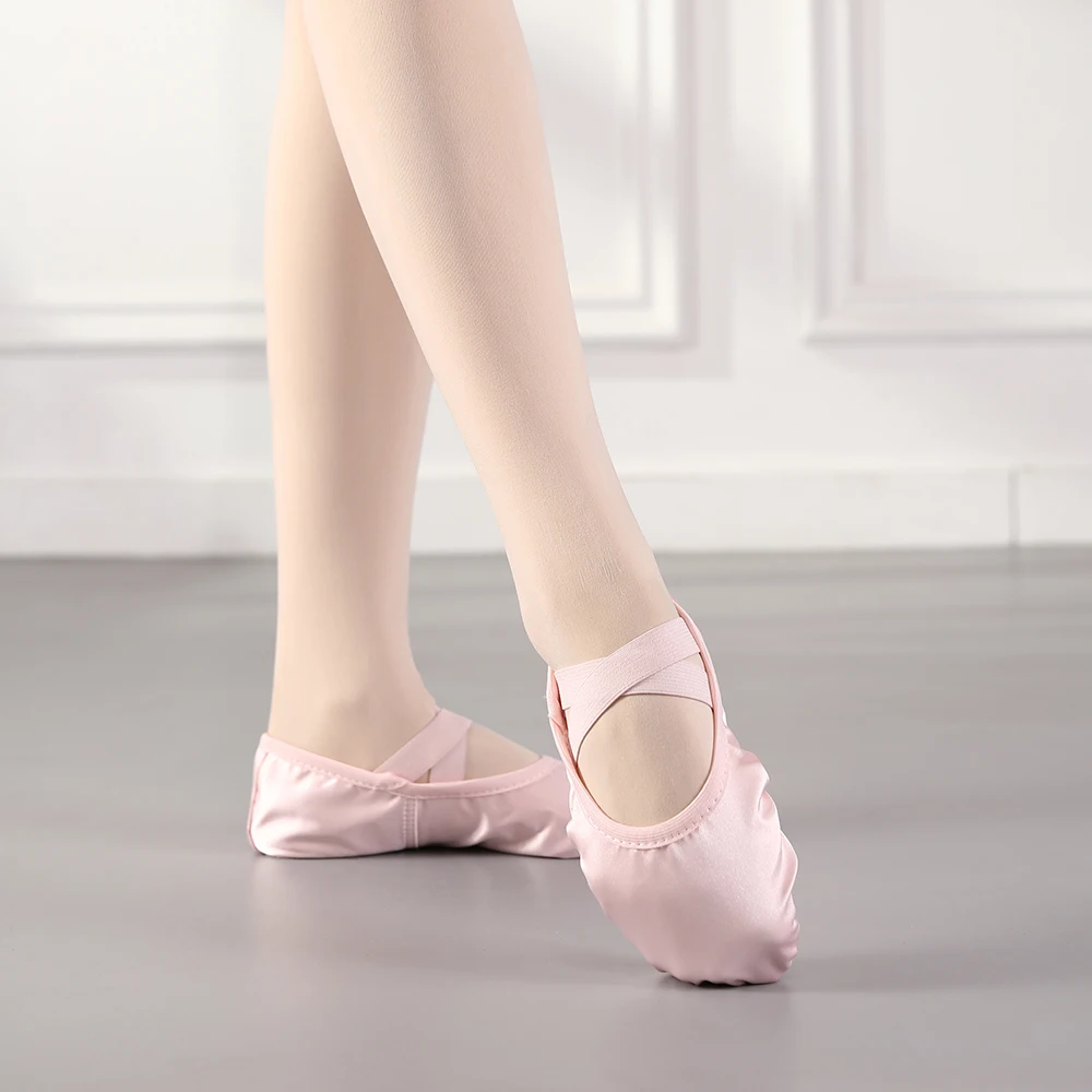 Girls Ballet Dance Shoes Silk Women Kids Dance Split Sole Ballroom Training Shoes Child Adult Ballet Shoes Peach pink Flat