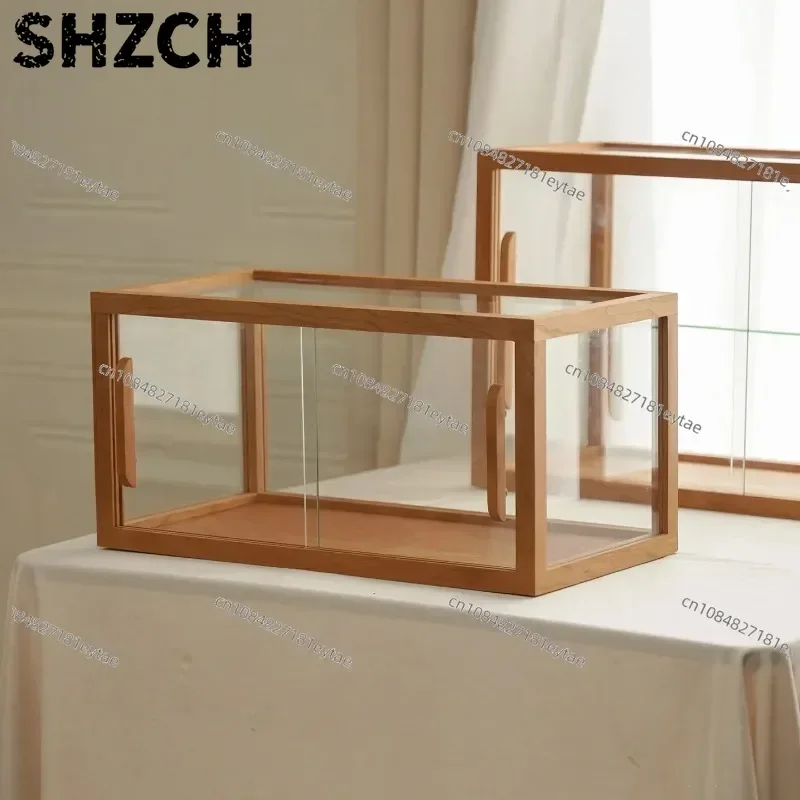 Solid Wood Glass Display Cabinet Dustproof Door Desktop Showcase Shelf for Collectible Figure Model Decor Storage