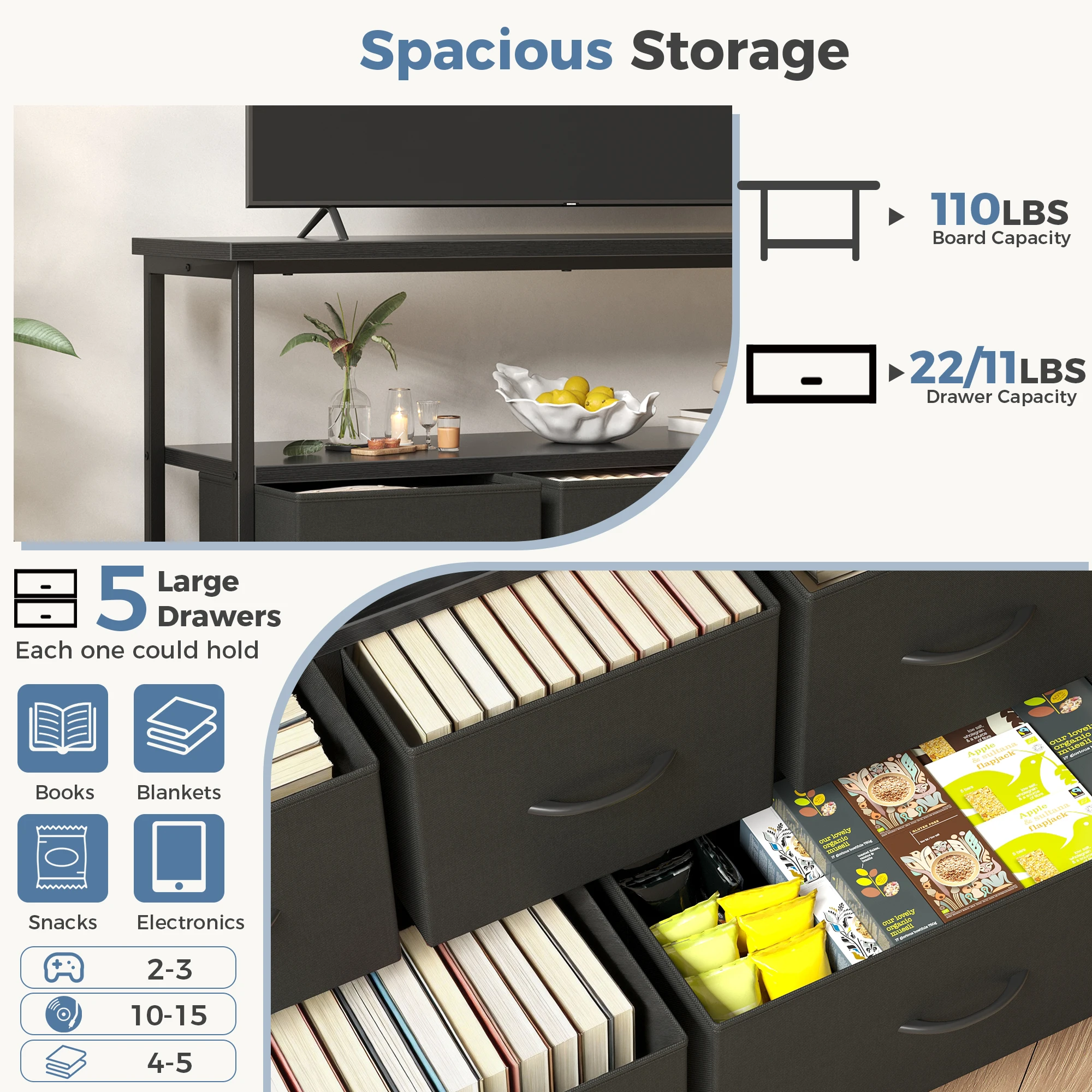 JHK TV Stand 5 Fabric Dresser with Charging Station Media Console Featuring Open Shelf Storage Drawers Cabinet with Compact Entertainment Unit for Bedroom Living Room
