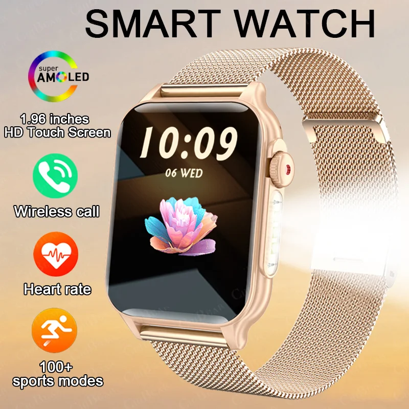 

2025Новые обновленные ультратонкие умные часы для женщин, 1,96-дюймовый сенсорный дисплей, BT-вызов, спортивный мониторинг, умные часы для Android и IOS
