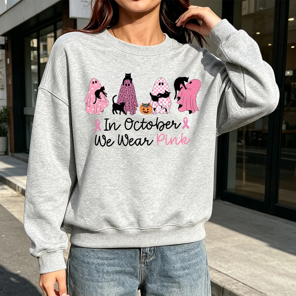 In October We Wear Pink Printed Sweatshirt Breast Cancer Support Present Halloween Ghost Cat Pattern Female Fall Daily Clothing
