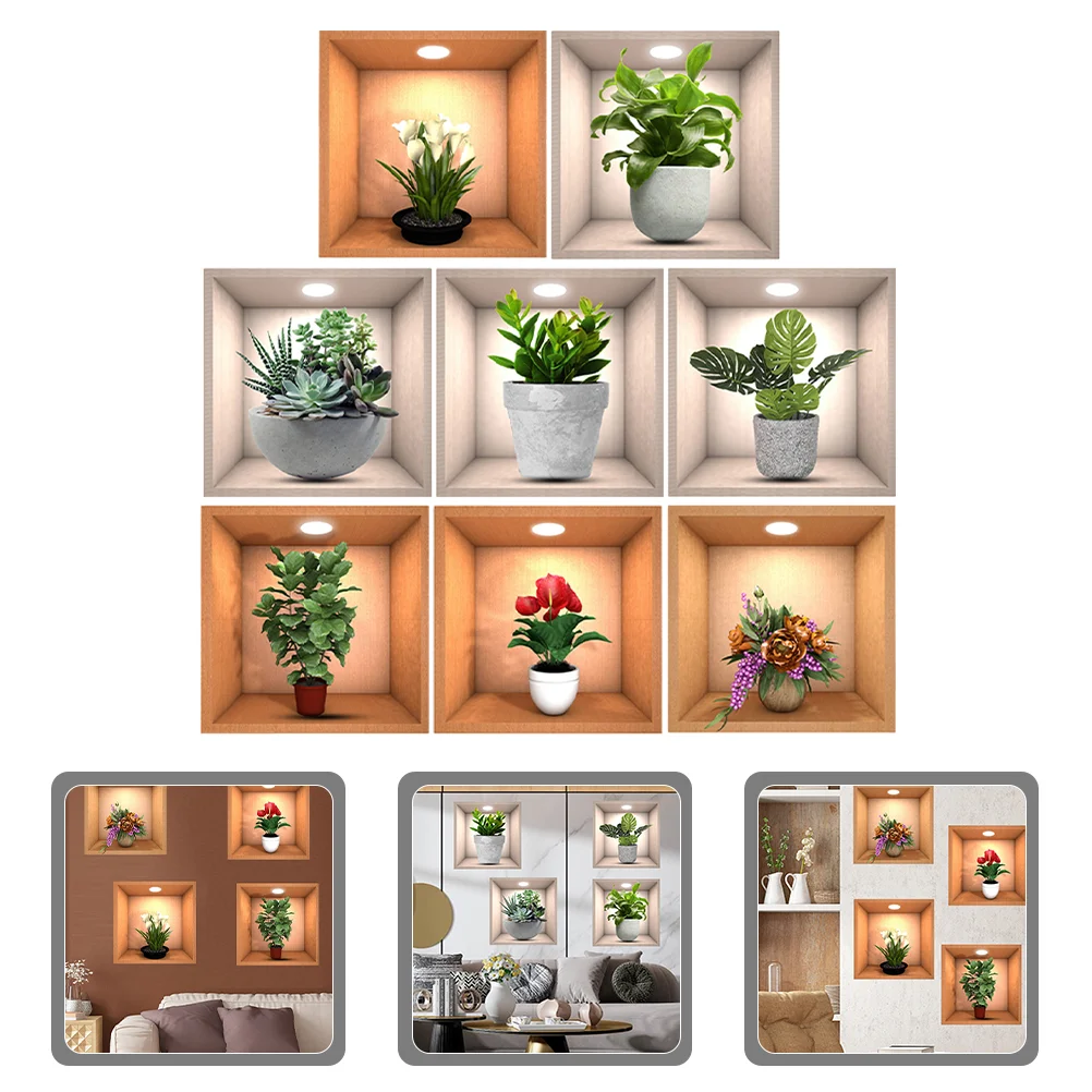 

8 Pcs Home Decor Wall Decals Vintage Flowers Pot Printing Sticker Living Room Sticky Plant