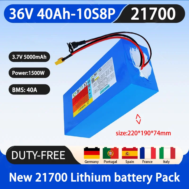 New 36V 40Ah 21700 10S8P A-class lithium battery pack, 1500W high-power built-in BMS, suitable for various energy storage backup