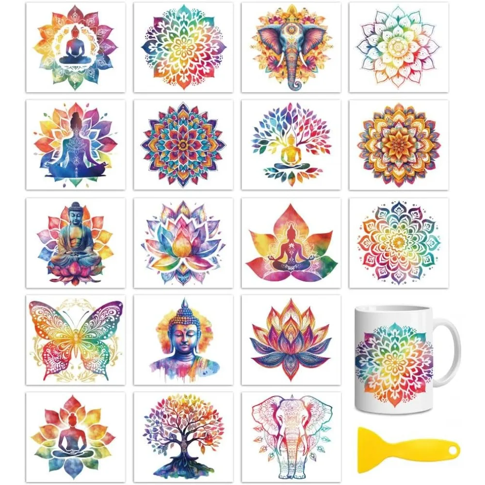 18 Blatt Rub-On-Transfers zum Basteln, Lotus und Buddha, 3,6 x 3,9 Zoll, UV-DTF-Cup-Wrap, wasserfeste Kalttransferaufkleber