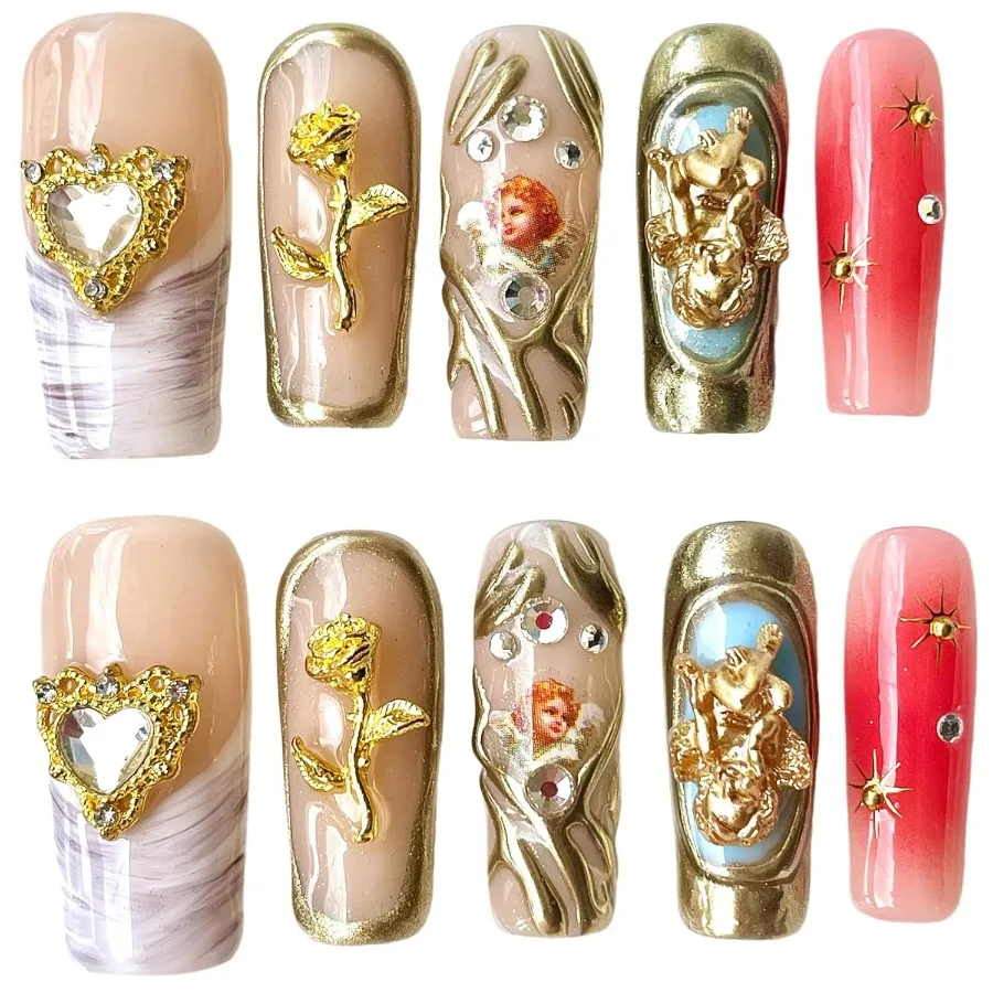 

Handmade Press On Nails Square Little Angel Design with 3D Floral Hearts Luxury Gold Vintage False Nails Reusable Acrylic Nail