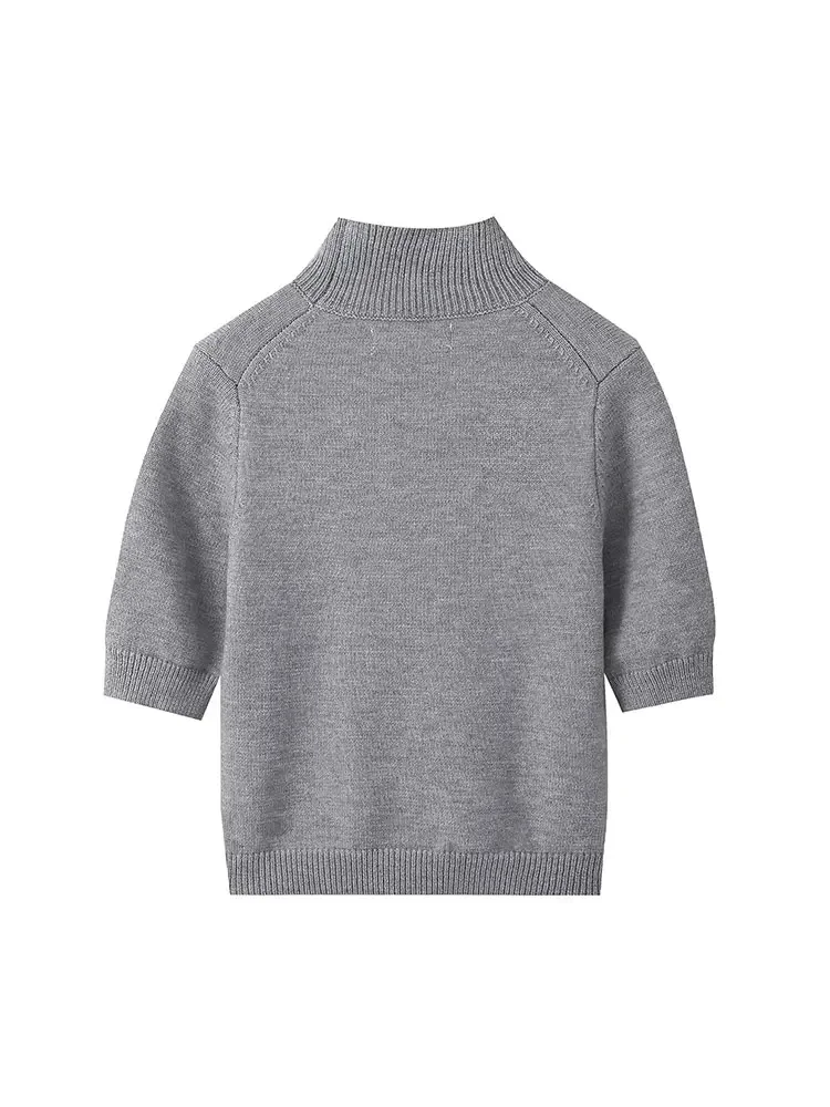 Nlzgmsj TRAF 2024 Female Turtleneck Short Sleeve Knitting Sweater Femme Gray Basic Short Pullovers Women Chic Rib Trim Crop Coat