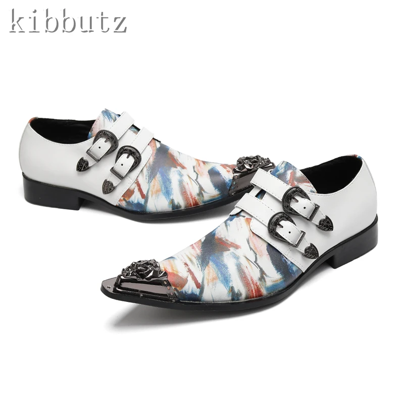 Men New Metal Pointed Toe Leather Shoes Graffiti Prints Belt Buckle Genuine Leather Flats Gentleman Dress Shoes