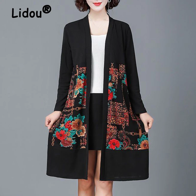 

New Women Clothing Spring Autumn Elegant Fashion Floral Print Patchwork Mid Length Coat V Neck Long Sleeve Loose Cardigan Jacket