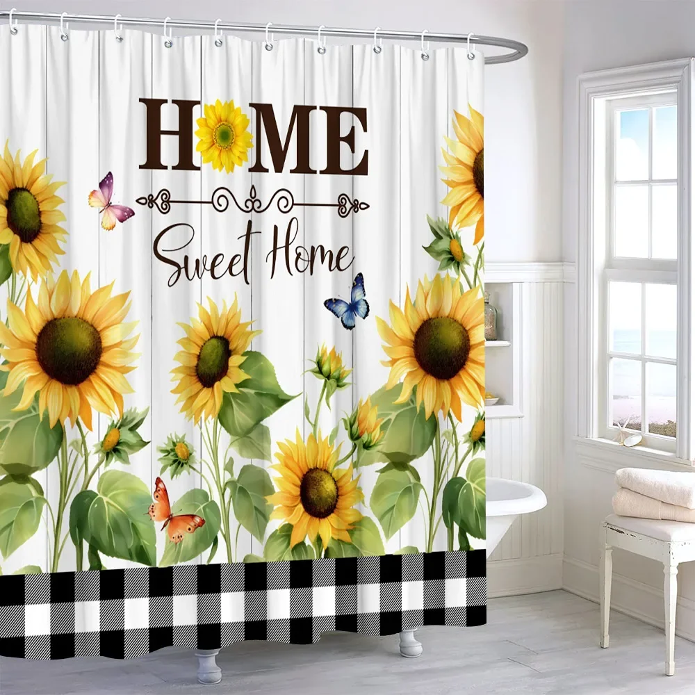 Watercolour Sunflower Shower Curtain Eucalyptus Leaf Butterfly Flower Cloth Bath Curtains Autumn Rustic Botanical Bathroom Decor