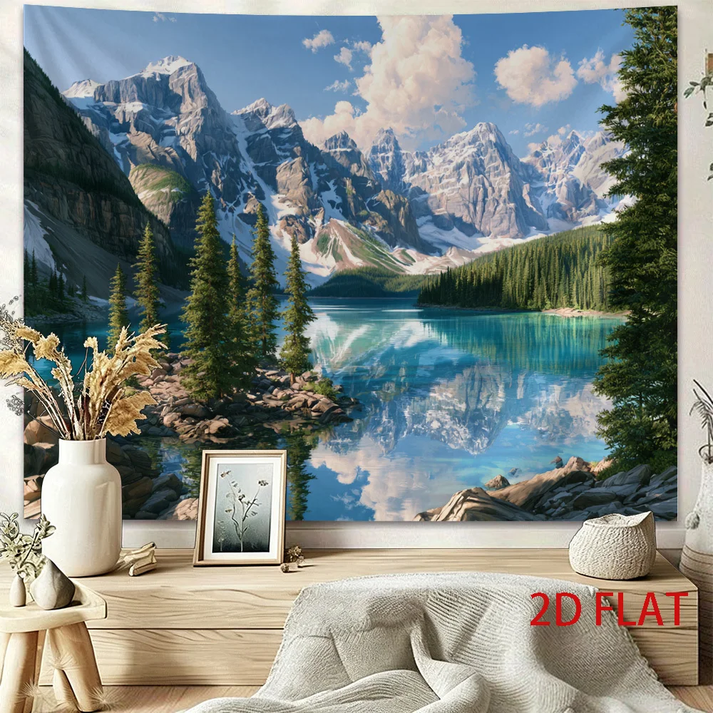 Alpine Lake Tapestry, Snowy Mountain Range & Green Pines, Beautiful Lake Reflection Scenery Wall Hanging for Bedroom Decor