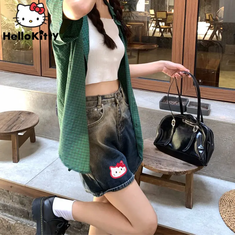 Sanrio Hello Kitty New Gradient Black Short Jeans Women Summer Korean Style Fashion Denim Shorts Y2k High Waist Versatile Shorts