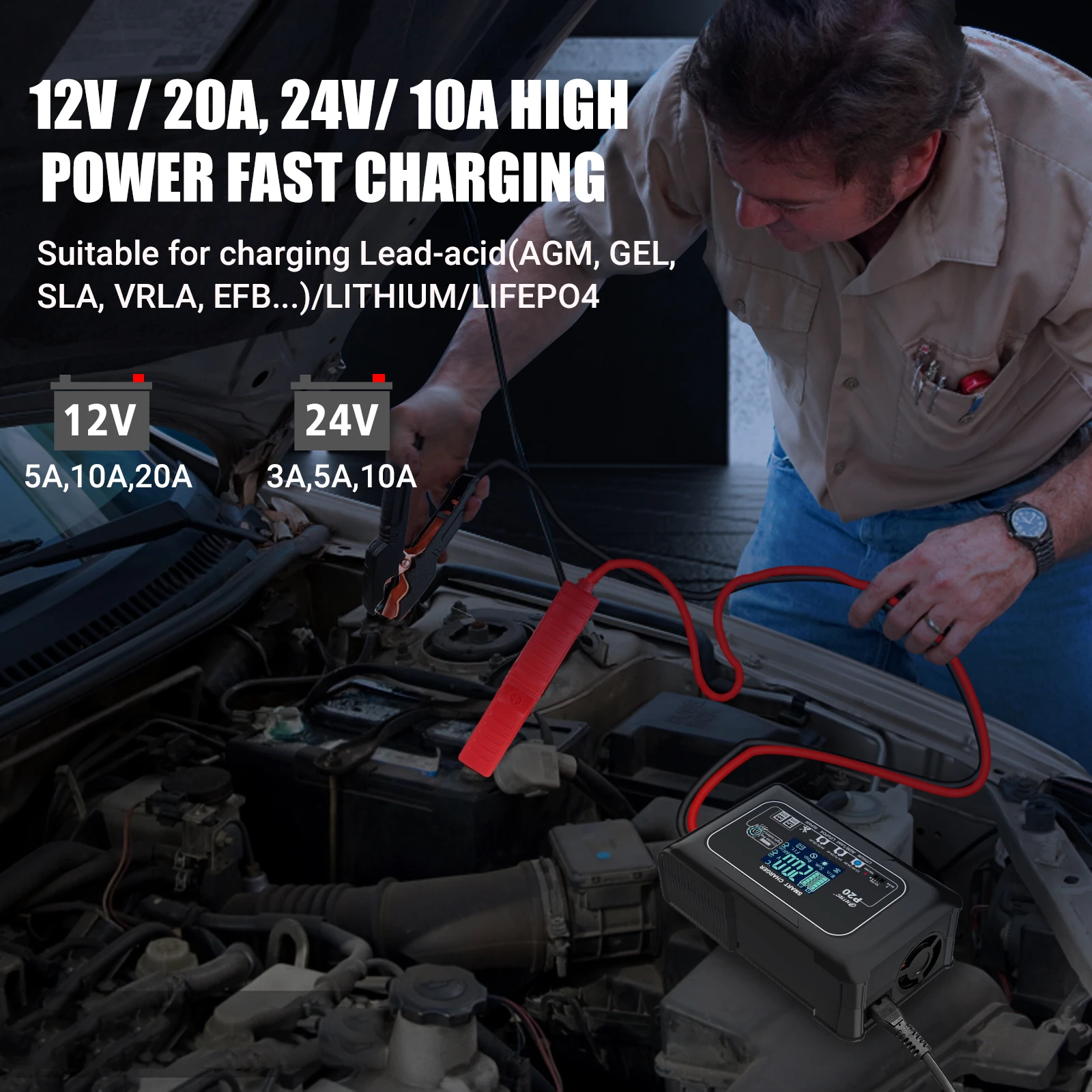 HTRC 20A 12V-24V inteligentna ładowarka do akumulatorów samochodowych motocykl naprawa akumulatorów do Auto Moto kwasowo-ołowiowy AGM akumulatory