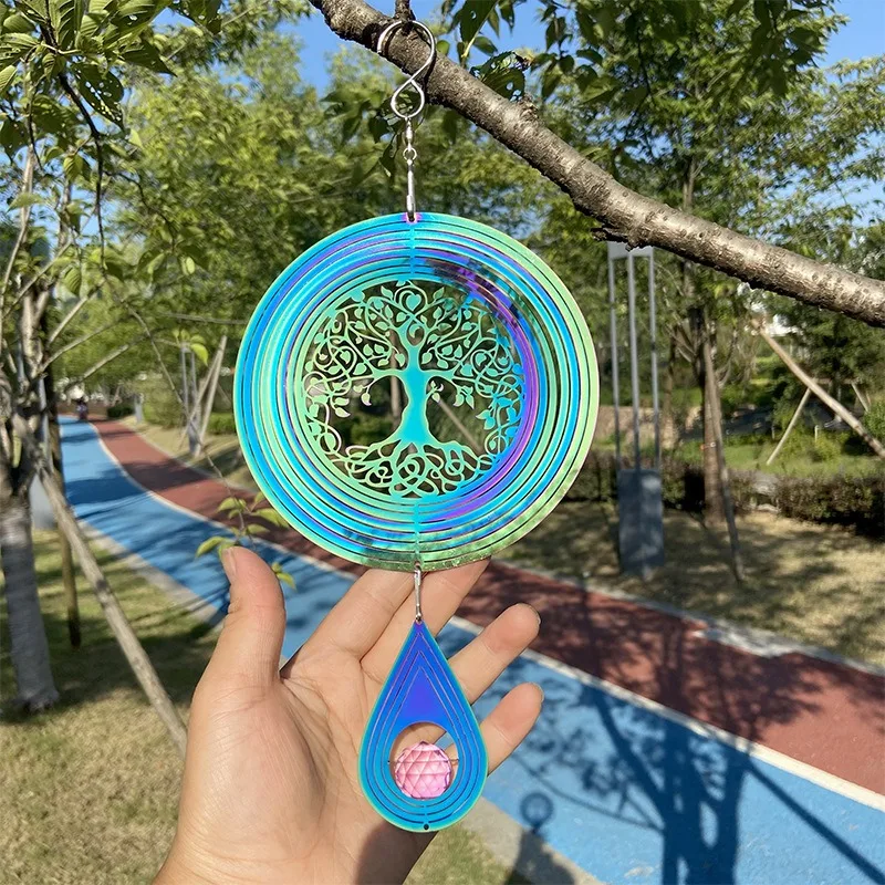 3D Rotating Wind Spinner Tree Of Life Balcony Garden Decoration Outdoor Hanging Wind Chimes Pendant Stained Glass Sun Catcher