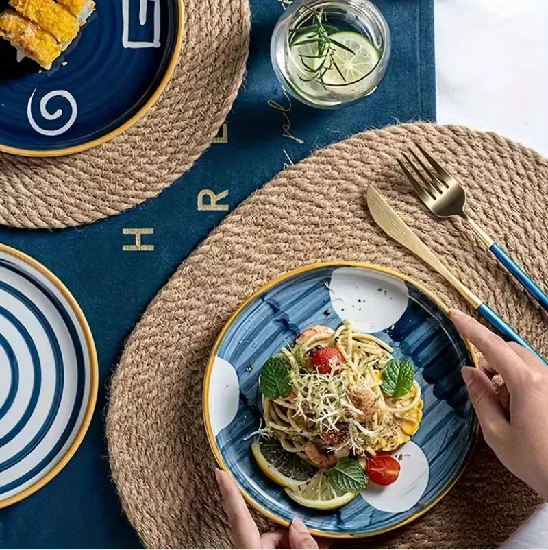 1/2/4Sets Domestic Jute Braided Oval Placemat and Coaster Set Handmade Weaving Dinner Table Mat Linen Grass Anti-scald Plate Mat