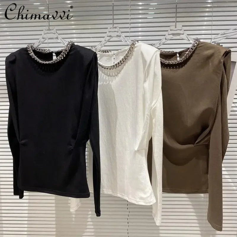 2024 Autumn New Fashion Metal Chain Crew Neck T-Shirt Top Elegant Celebrity Shoulder Pad Long Sleeve Cotton Bottom Shirts