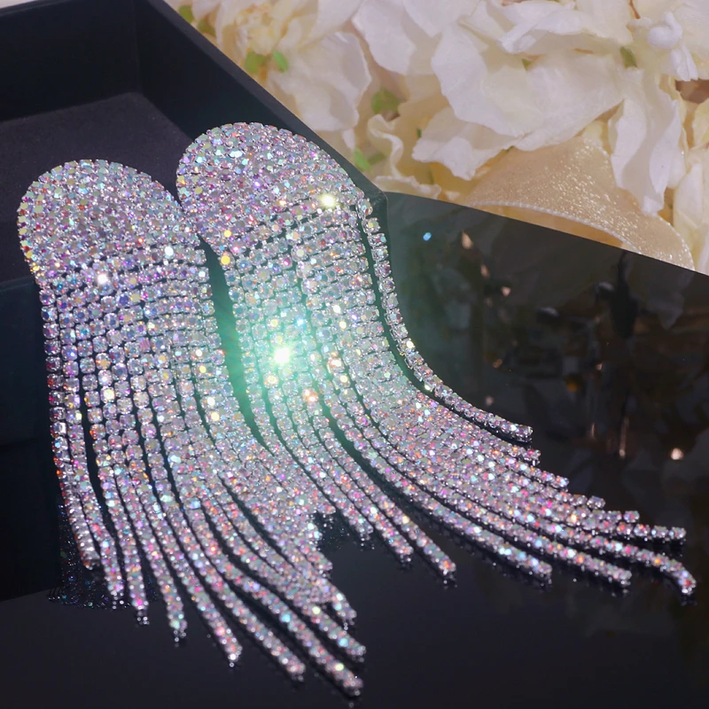 New Sparkling Full Rhinestone Oversize Tassel Earrings for Women Dinner Party Drop Dangle Crystal Earrings Wedding Jewelry Gifts
