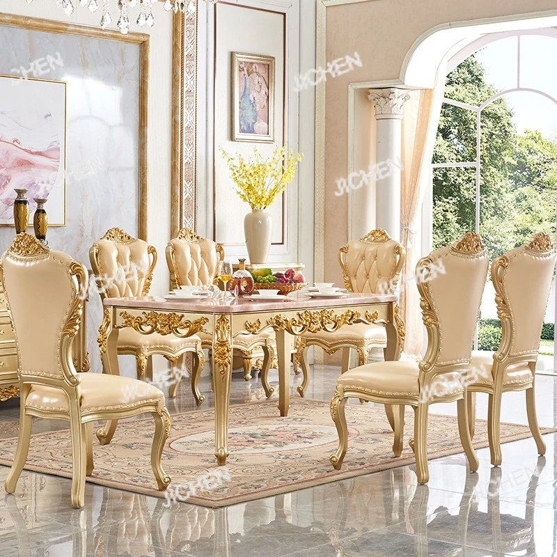 

Restaurant Dining Table and Chair Combination Luxury Carved Marble Surface Luxury Champagne Gold Square Table Dining Table
