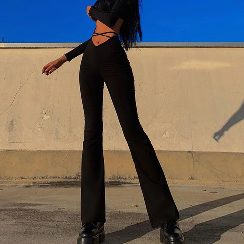 

Lucyever Black Sexy High Waist Skinny Pants Women Fashion Slim Fit Lace Up Flare Pants Female Elastic Bodycon Wide Leg Trousers