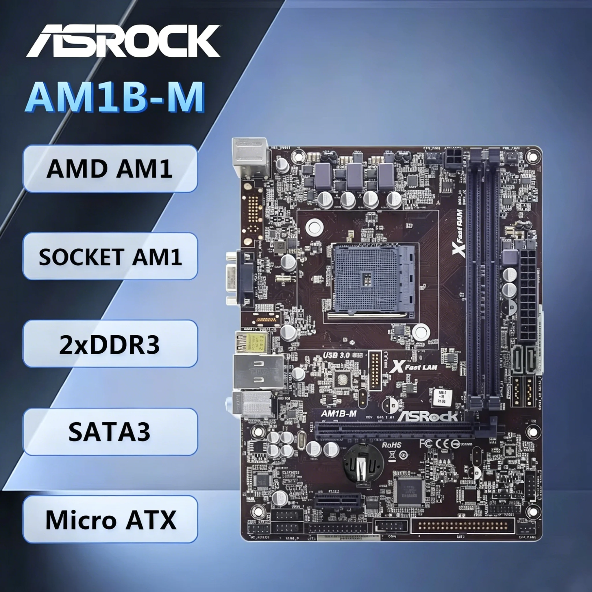 Placa base ASRock AM1B-M M-ATX AMD Socket AM1 DDR3 32GB SATA3 Audio VGA para Athlon/Sempron