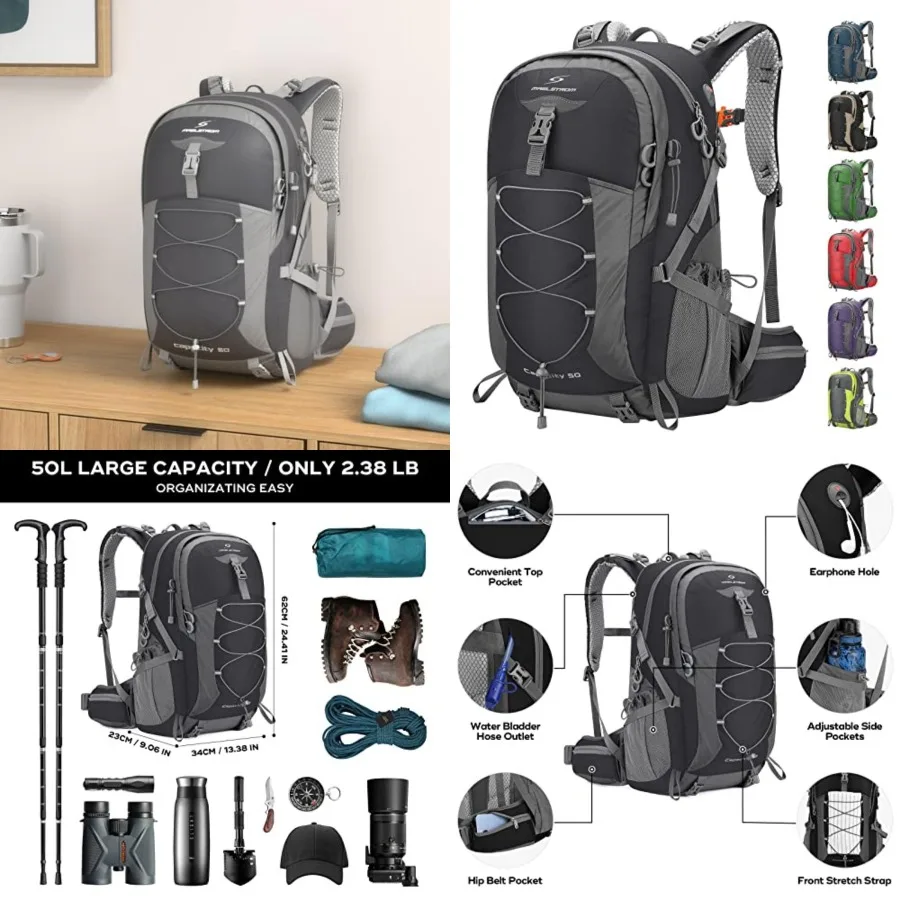 

Hiking Backpack, Camping Backpack, Waterproof Hiking Daypack with Rain Cover, Lightweight Travel Backpack, Black
