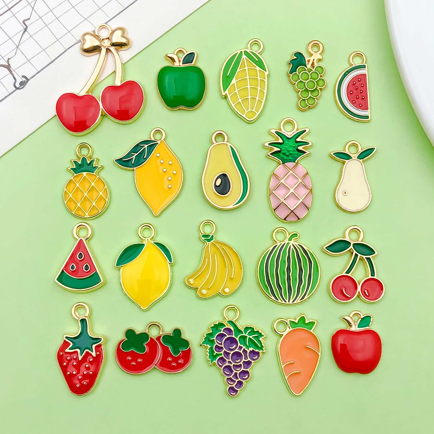 20pcs Enamel Fruits Charms Alloy Strawberry, Banana, Apple, Corn Pendants for DIY Bracelets Necklaces Jewelry Making Accessories